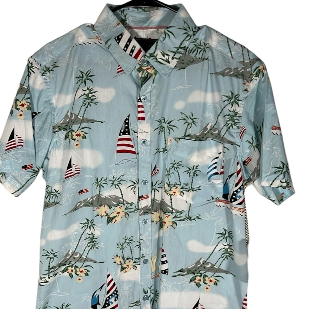 Rugby University Tropical Sailboat Hawaiian Button Up Shirt Men’s Size L
